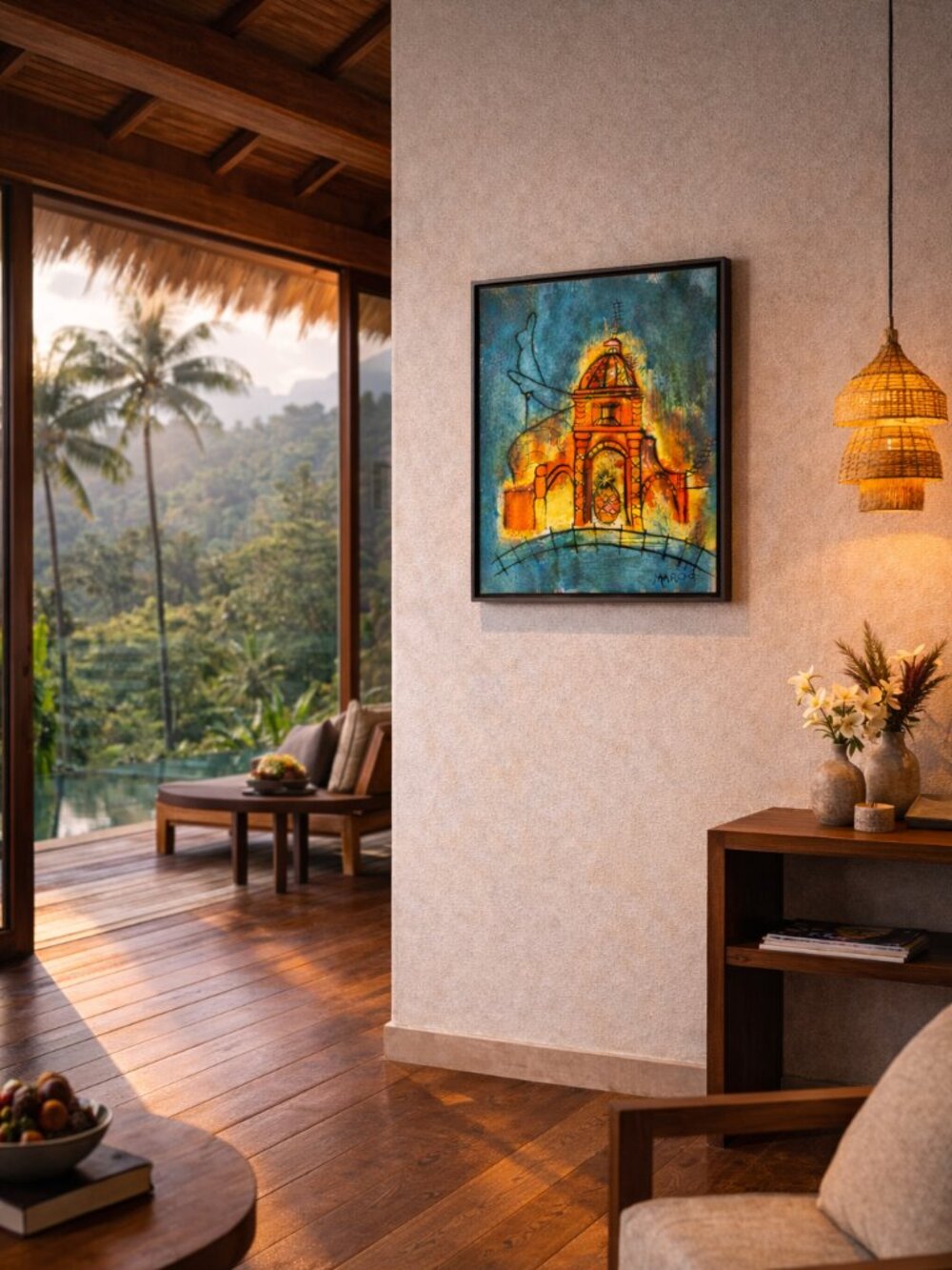 Caribbean Folk Art Surrealist Painting Tropical Architecture Pineapple